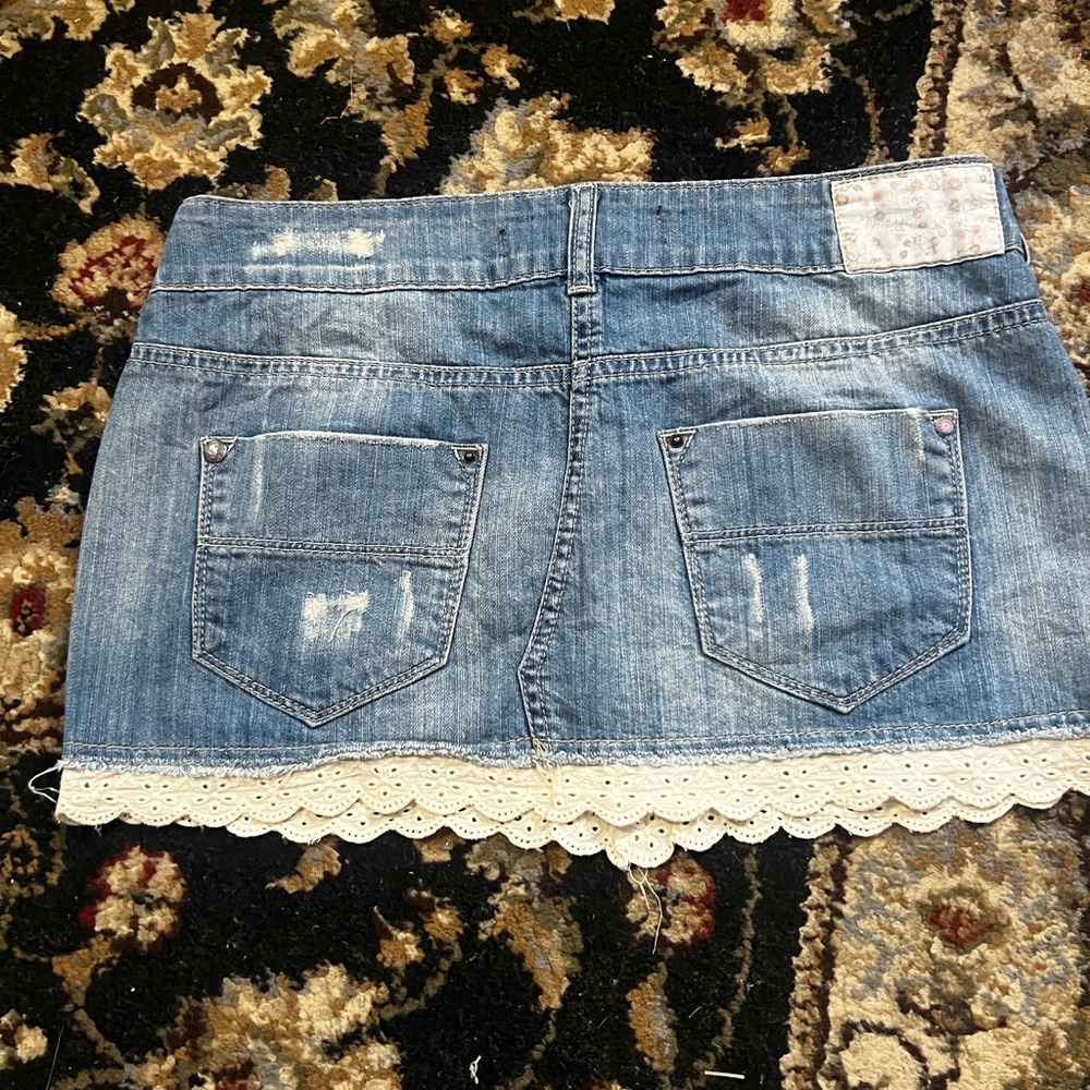 Bershka Distressed Denim Mini Skirt with Lace Hem - Picture 3 of 8